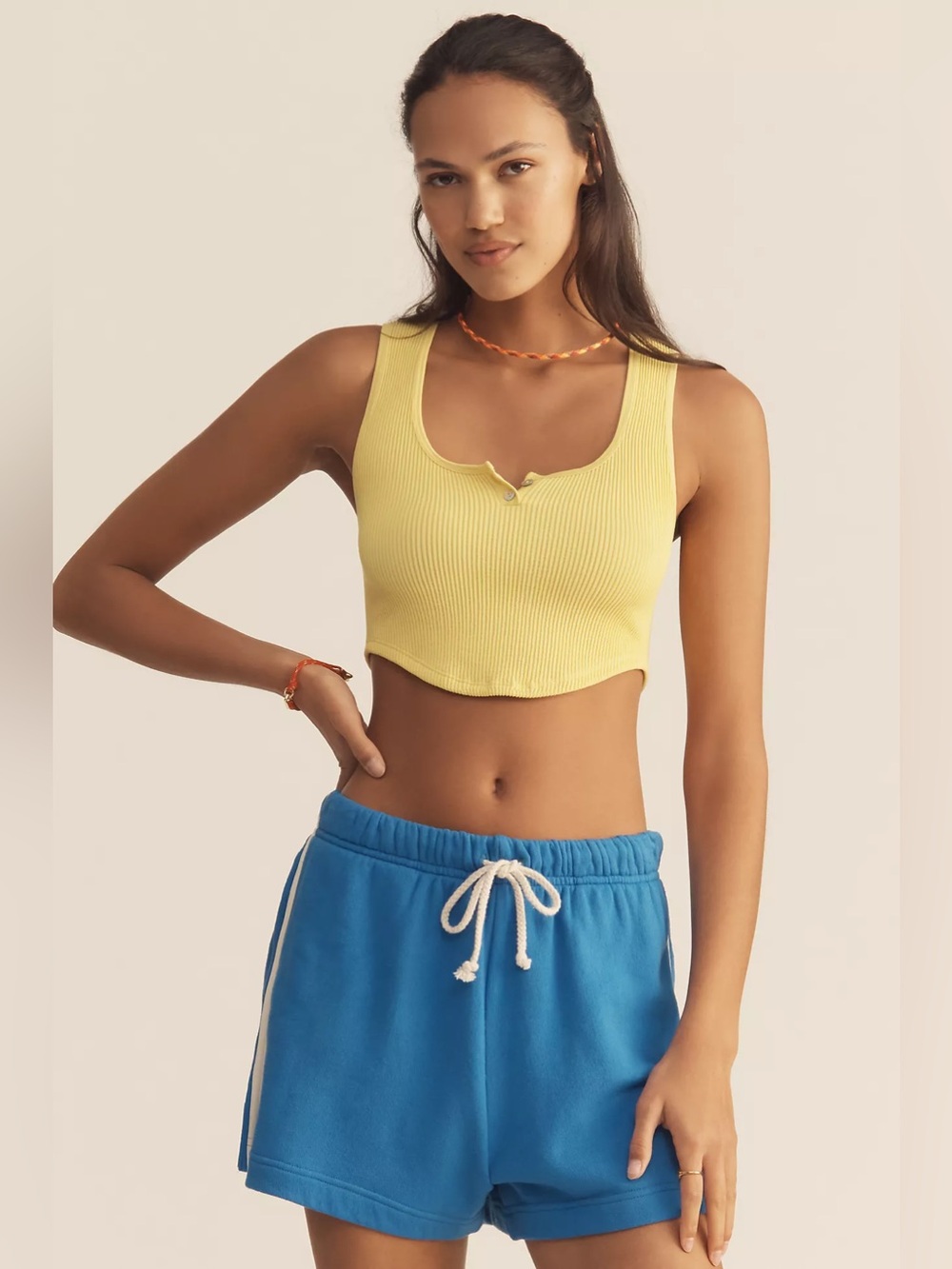 By Anthropologie Seamless Henley Ribbed Crop Tank Top Sunny Yellow Size XS/S